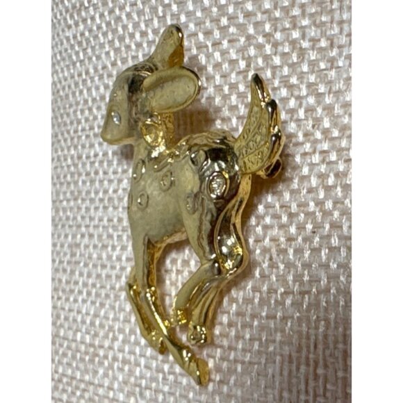 Deer Brooch Pin Animal Jewelry Vintage Gold Tone Bambi Fawn Rhinestone 1.5" - Picture 3 of 7